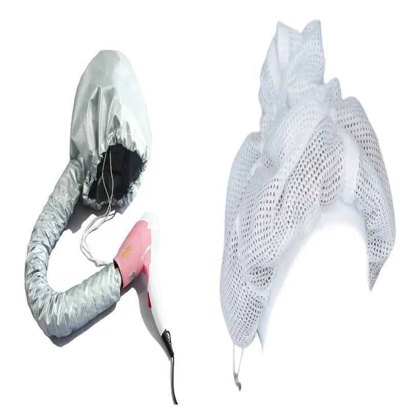 Pink and silver hair dryer bonnet hood with drawstring and elastic tube end for universal fit