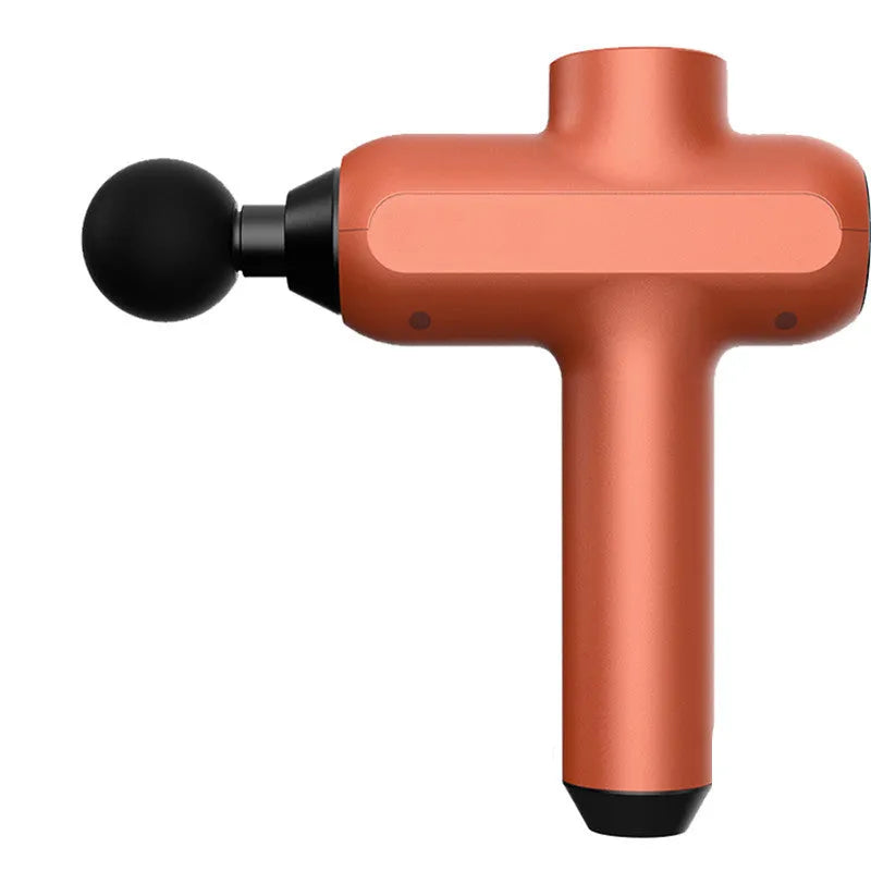 Portable muscle massager with six different massage heads on black background