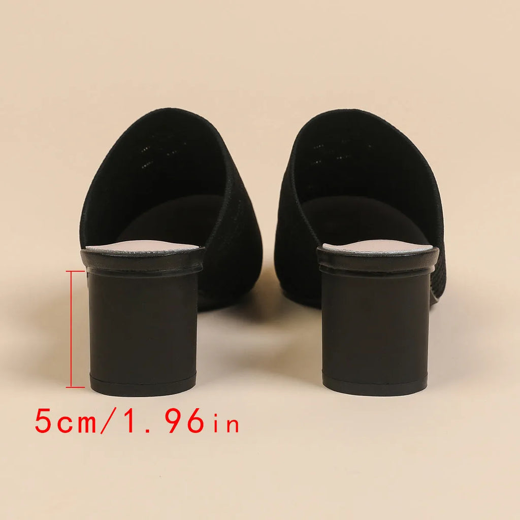 Women's black pointed toe sandals with toe cap and a 5cm chunky heel.
