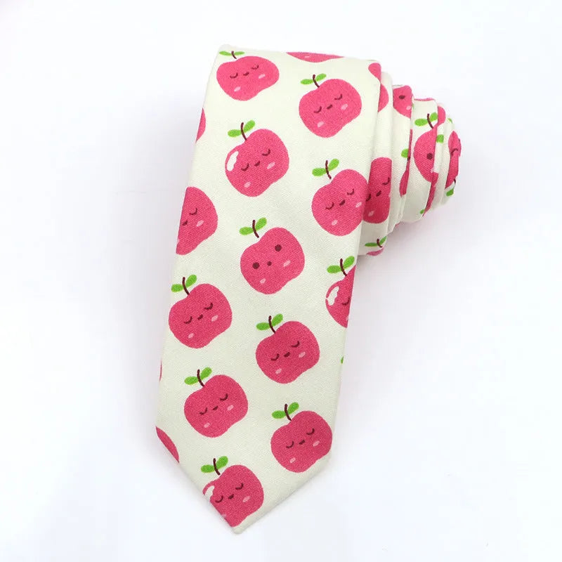 Korean style narrow men's cotton bow tie with a cartoon print pattern on an adjustable neck band.