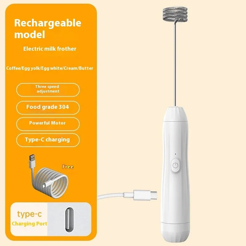 Mini handheld electric milk frother in black, white or khaki colours with USB charging port and stainless steel frothing wand