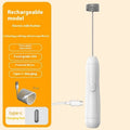 Mini handheld electric milk frother in black, white or khaki colours with USB charging port and stainless steel frothing wand