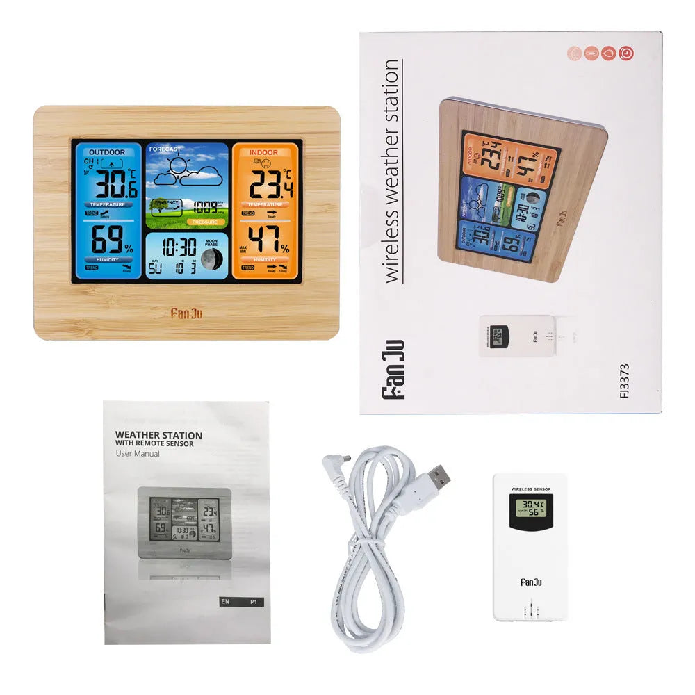 Black rectangular digital weather station with LCD display showing temperature, humidity, and weather data