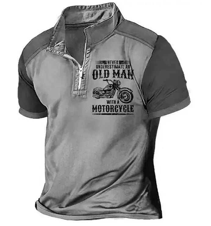 Men's casual polo shirt with a lapel collar and digital printed design on the front.