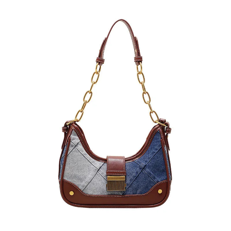 Brown denim women's shoulder bag with diamond mesh pattern and chain strap details