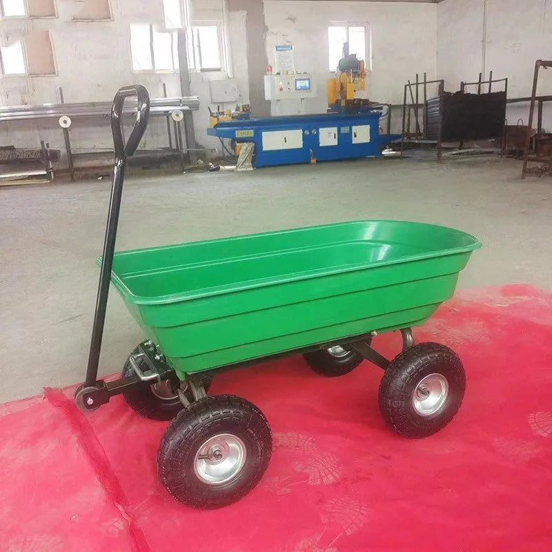 Green four-wheel plastic dump truck with steel PP body and tilting cargo bed for 350kg loads