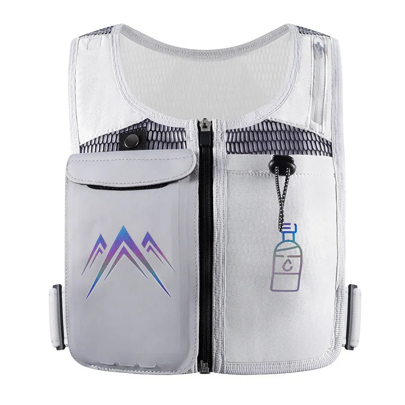 Black breathable mesh sports running vest with a front pocket for a mobile phone.