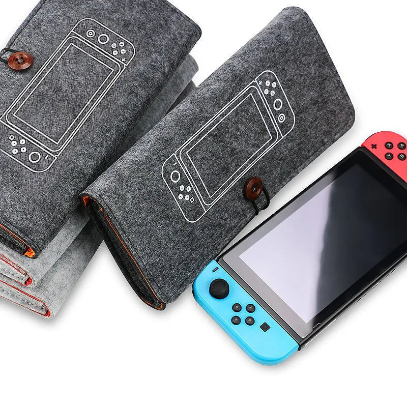 Black felt pouch case for Nintendo Switch open to show console and game card slots