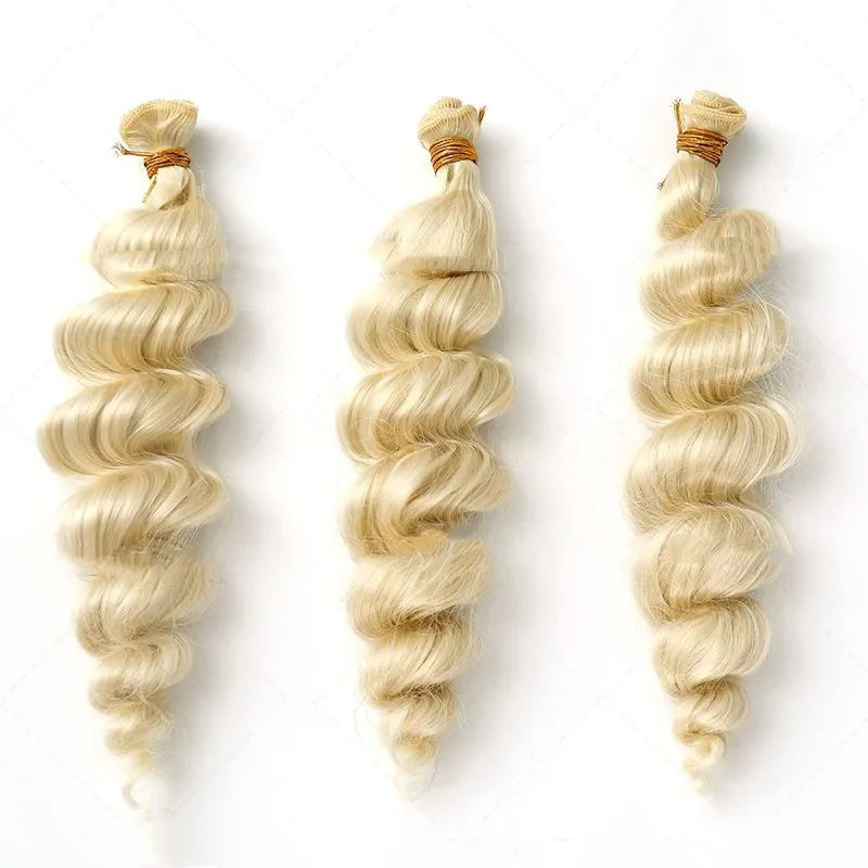 Golden women's chemical fibre wig in 18, 20, and 22 inch lengths.