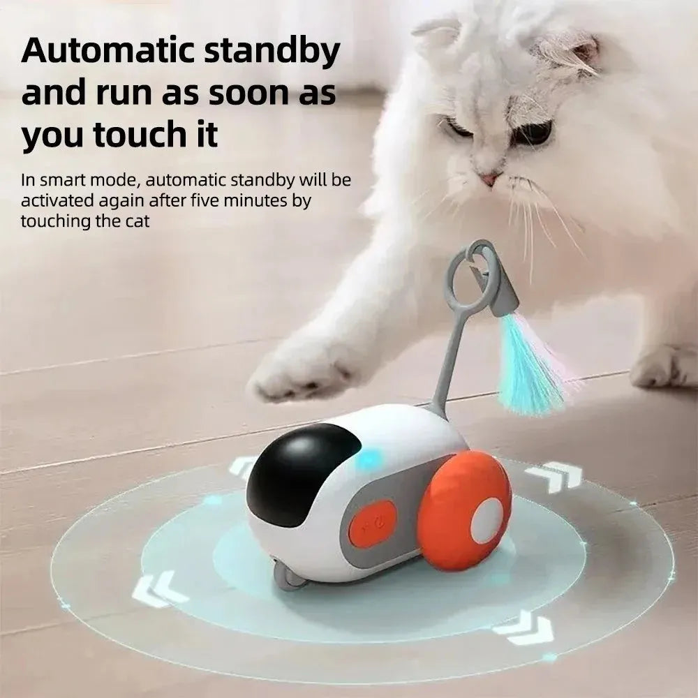 Smart cat toy car with feather teaser in blue and orange colour options