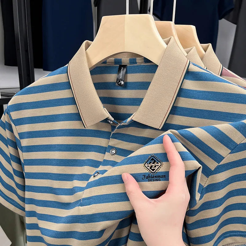 Men's striped casual short sleeve shirt in polyester available in red, blue, and green colours