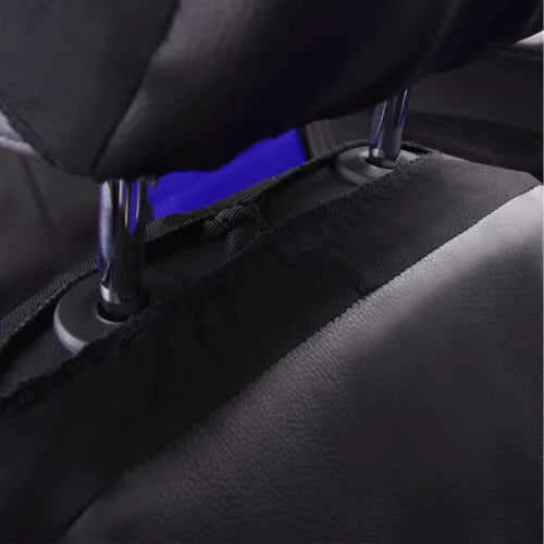 Artificial leather car seat cover set showing headrest and seat covers in black colour with hook accessories