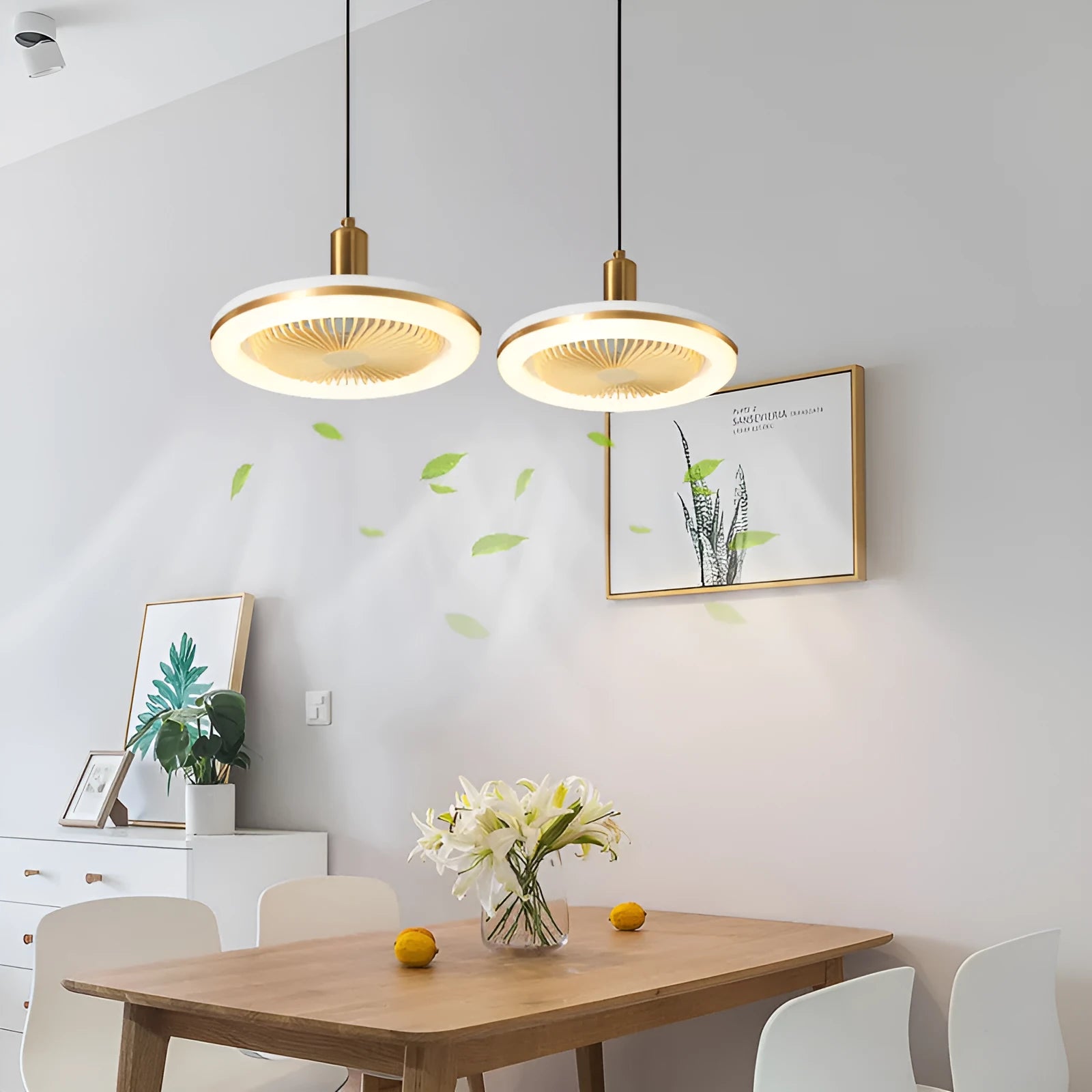 Modern minimalist ceiling fan lamp with light, golden chandelier finish, quiet muted motor for bedroom dining room