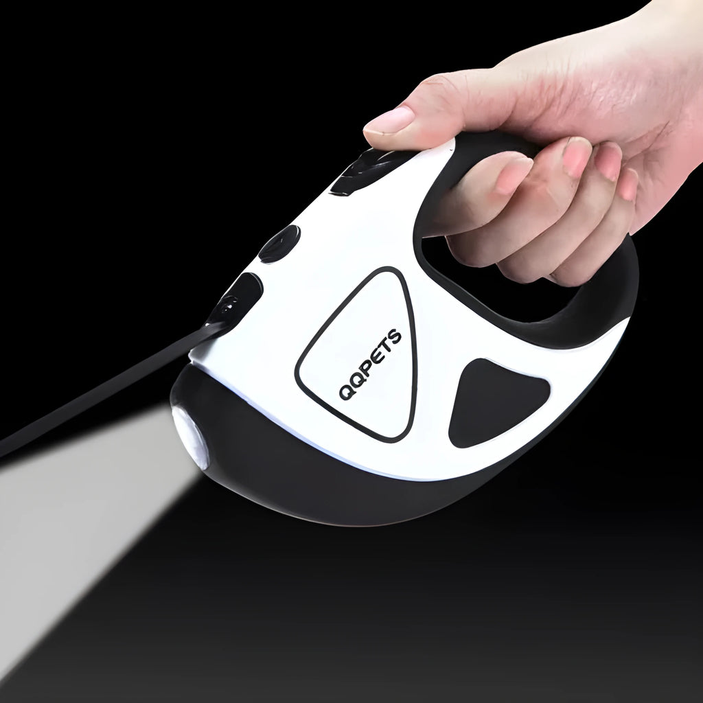 Retractable dog leash with LED light and anti-slip handle in red colour on white background