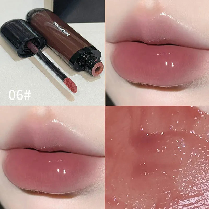 Black Shiny Makeup Mirror Lip Lacquer set showing six shades: black tomato, orange brown, bean paste, rose, red, and sweet potato.