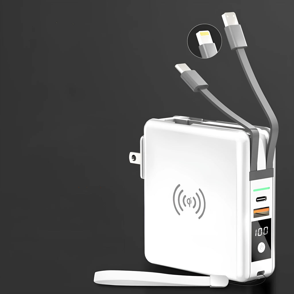 Black PD20W power bank with wireless charging and flip-out UK US EU AU plug adapters