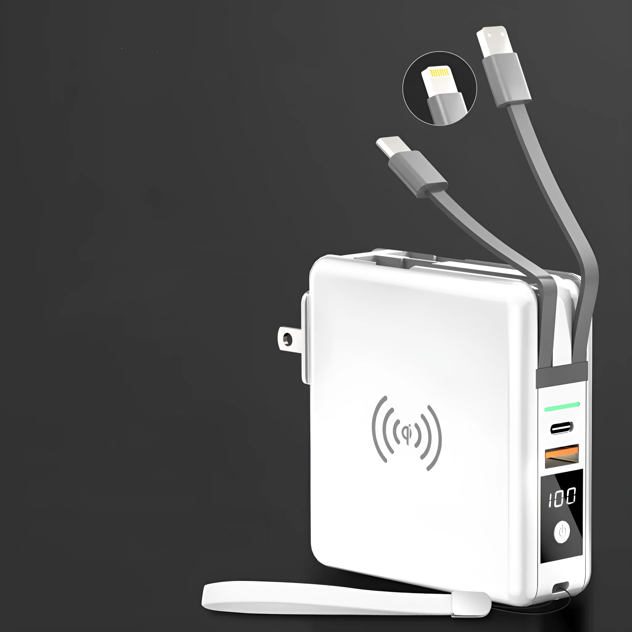 Black PD20W power bank with wireless charging and flip-out UK US EU AU plug adapters