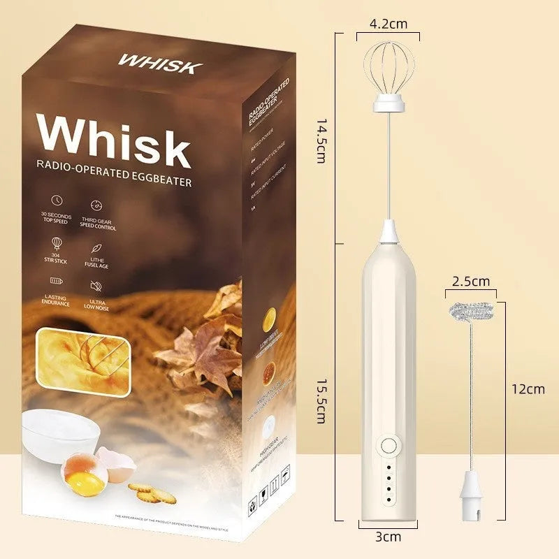 Mini handheld electric milk frother in black, white or khaki colours with USB charging port and stainless steel frothing wand