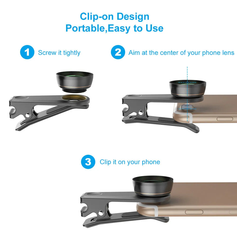 Black 6 in 1 universal smartphone camera lens kit with fisheye, macro, wide-angle, telephoto, CPL and star filters