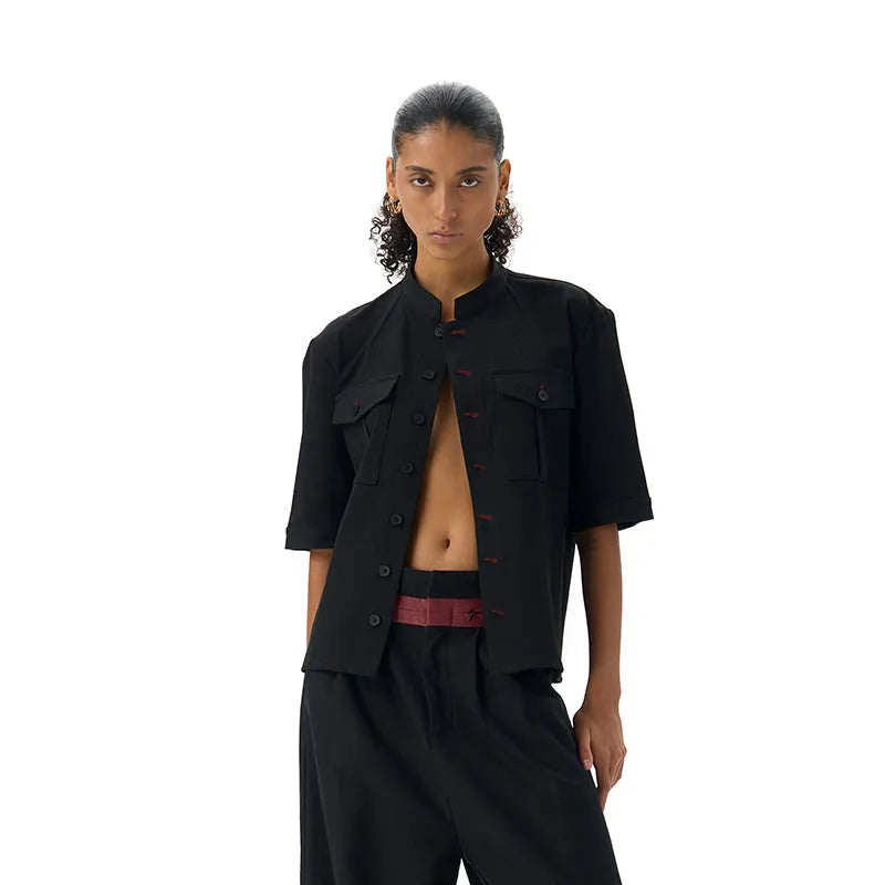 Black handmade hunting shirt with half sleeves and shirt collar, loose fit design for outdoor activities