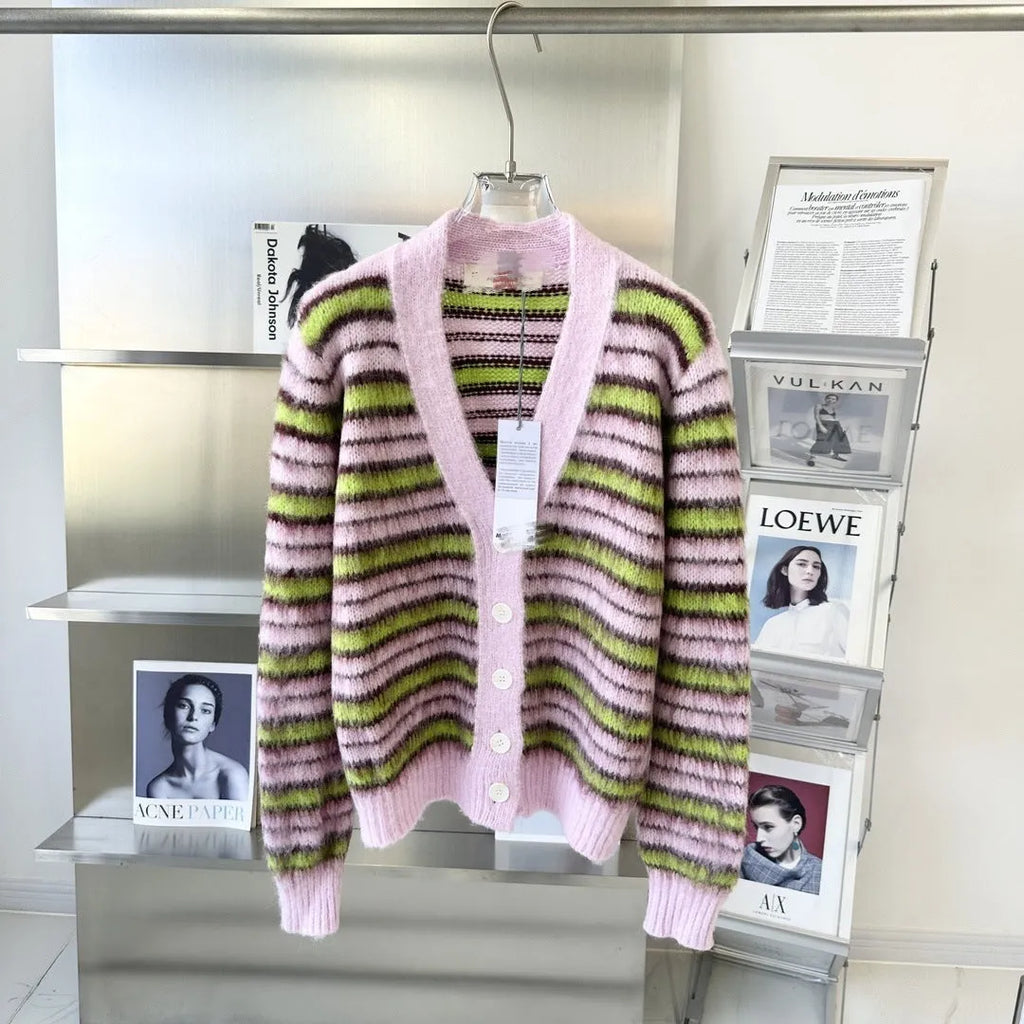 Pink Haima wool knitted cardigan sweater for women shown in round neck and button-front styles.