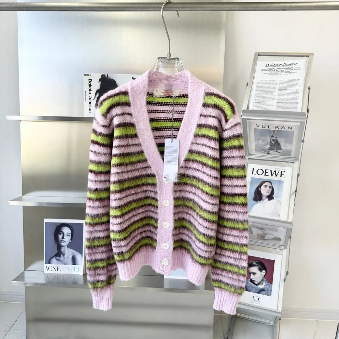 Pink Haima wool knitted cardigan sweater for women shown in round neck and button-front styles.