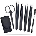 Six-piece stainless steel eyebrow tweezers set with scissors, brush, and leather case