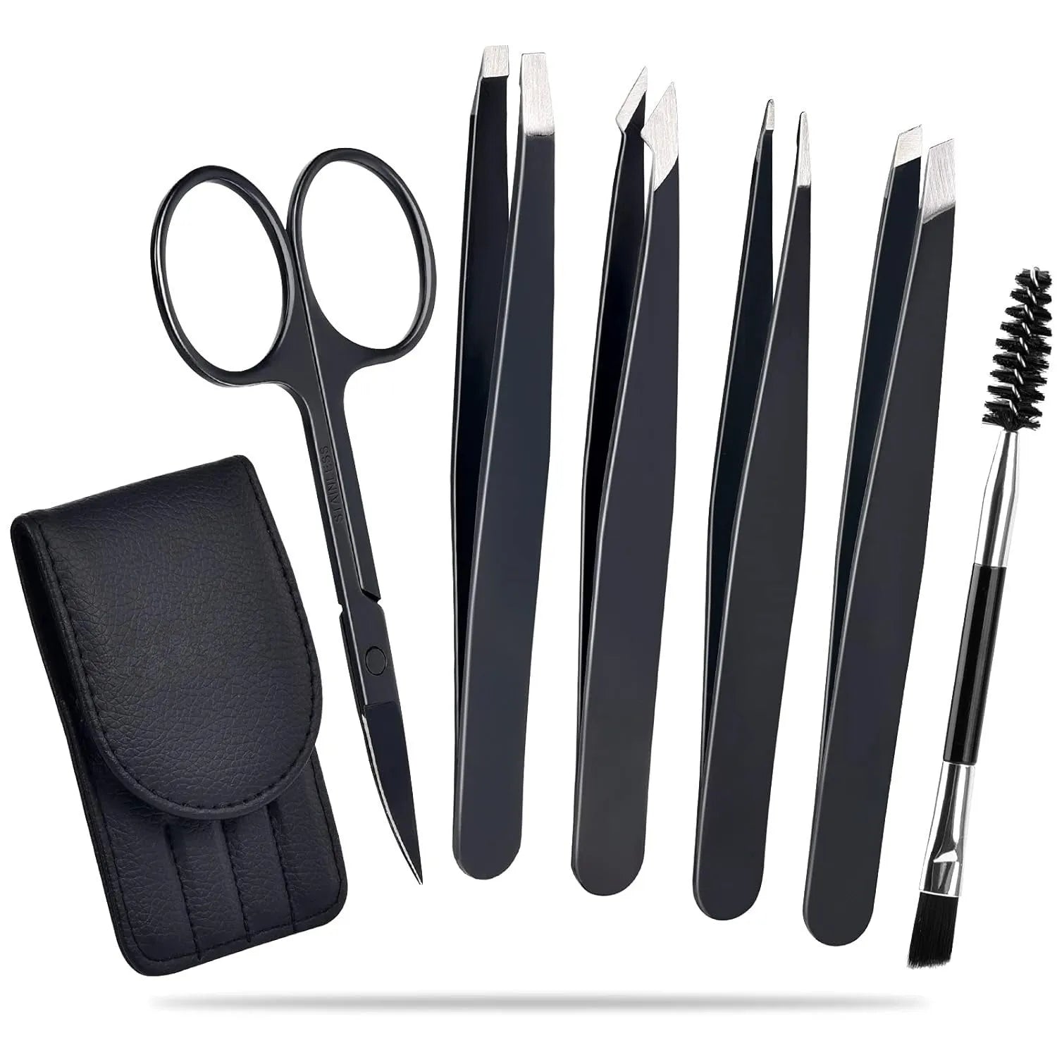 Six-piece stainless steel eyebrow tweezers set with scissors, brush, and leather case