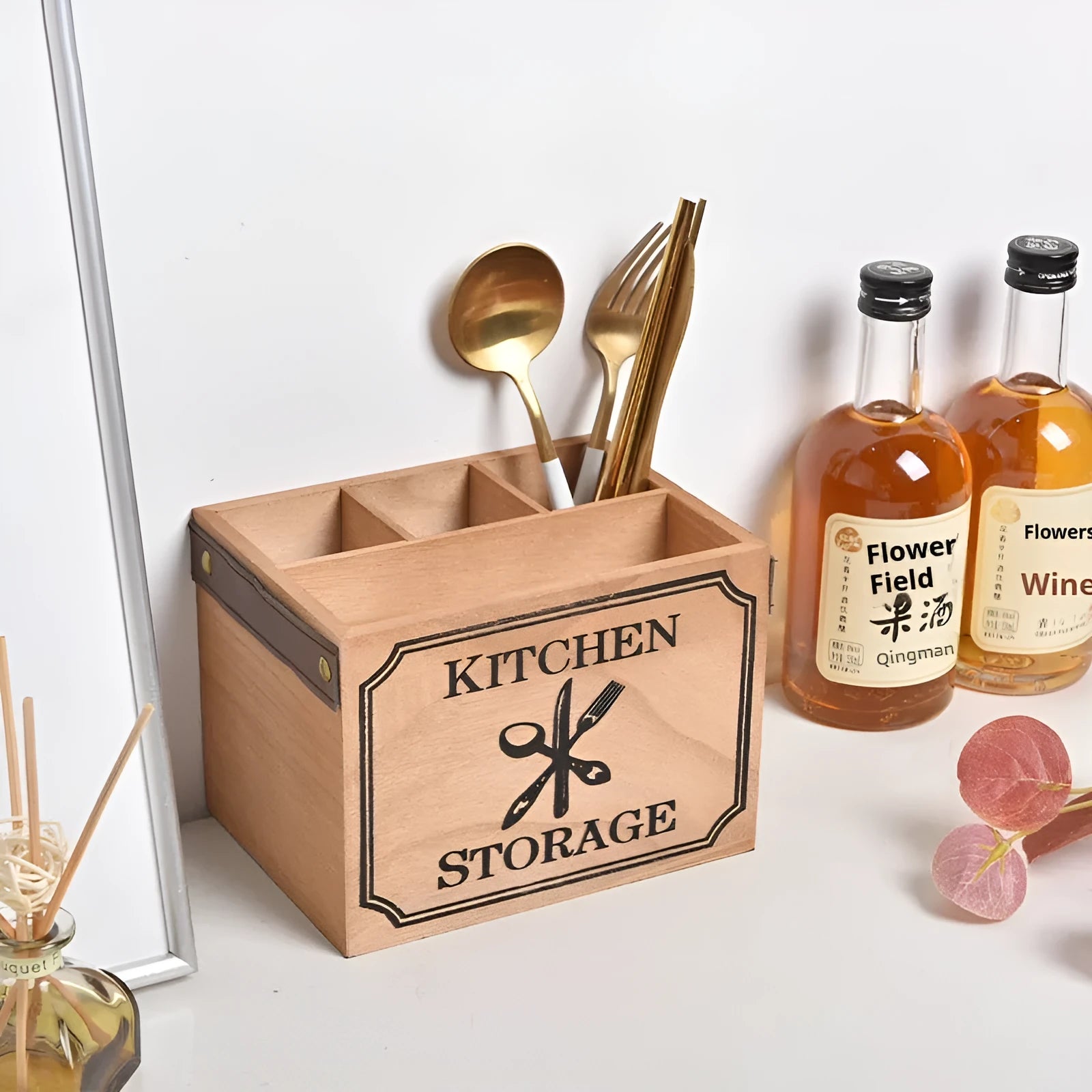 Wooden kitchen storage box with grid divider for knives, forks, and chopsticks