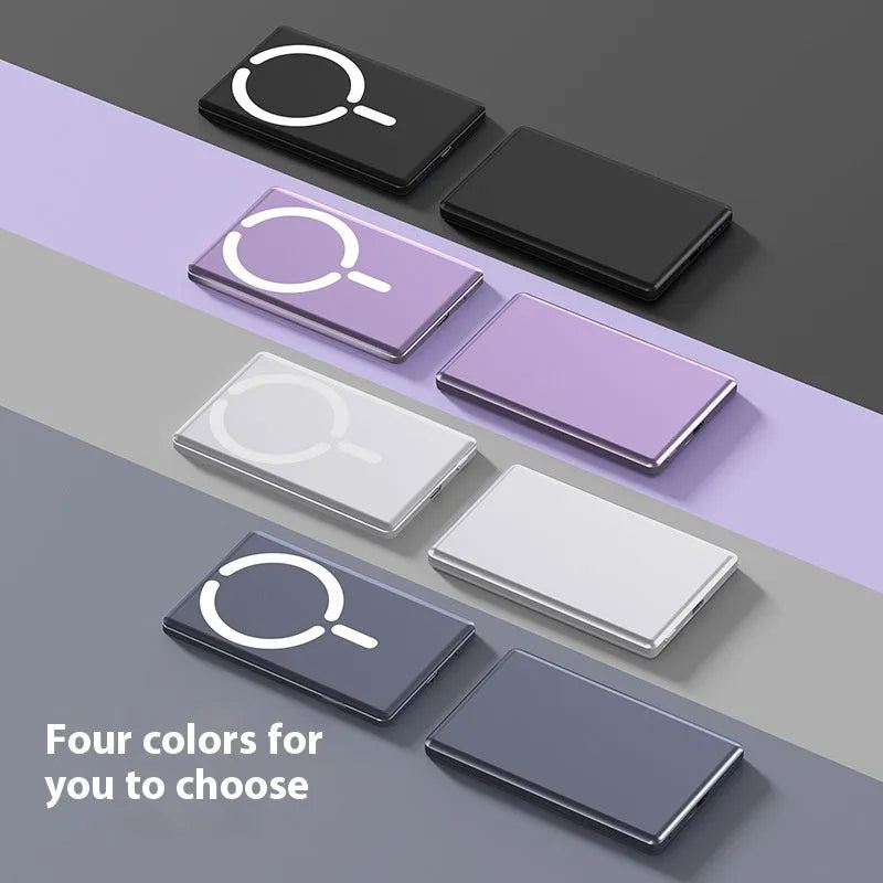 Ultra-thin magnetic power bank with alloy shell in dark gray silver black or violet