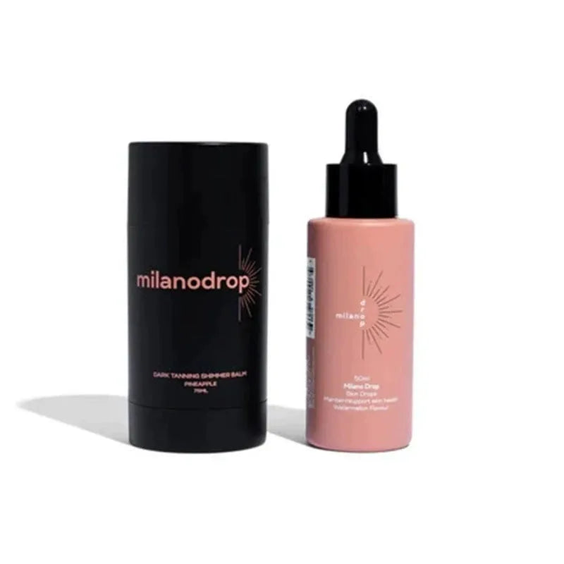 Self-tanning set showing 50ml tanning drops bottle and 75ml tanning glitter cream tube with black essence.