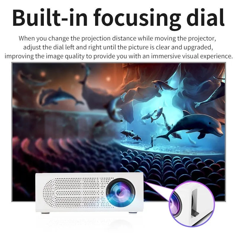 Black and white portable mini projector for wired mobile phone connection.