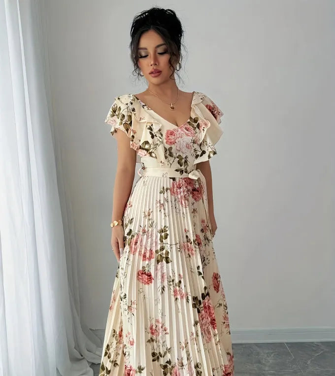 Women's apricot floral print dress with V-neck, ruffled sleeves and oversized swing skirt