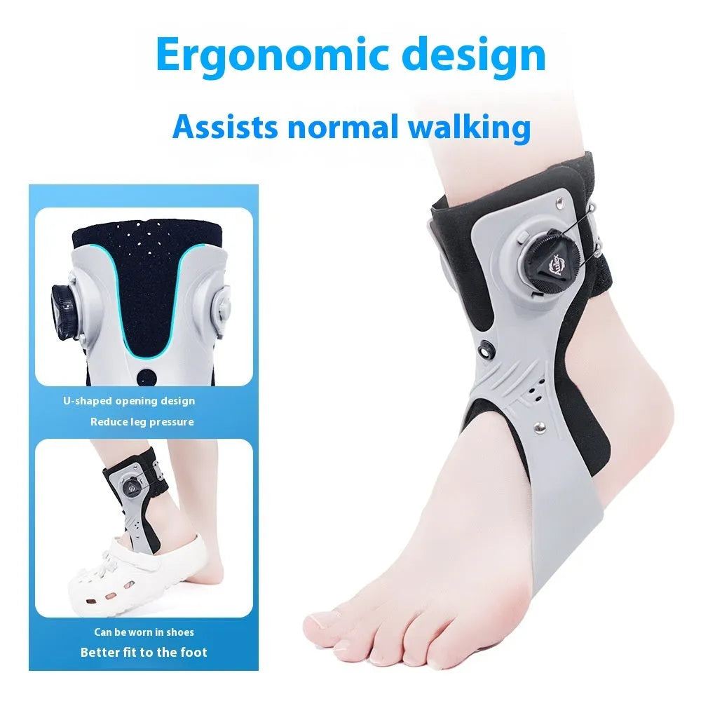Grey and black airbag button ankle support brace for left or right foot, showing adjustable straps.