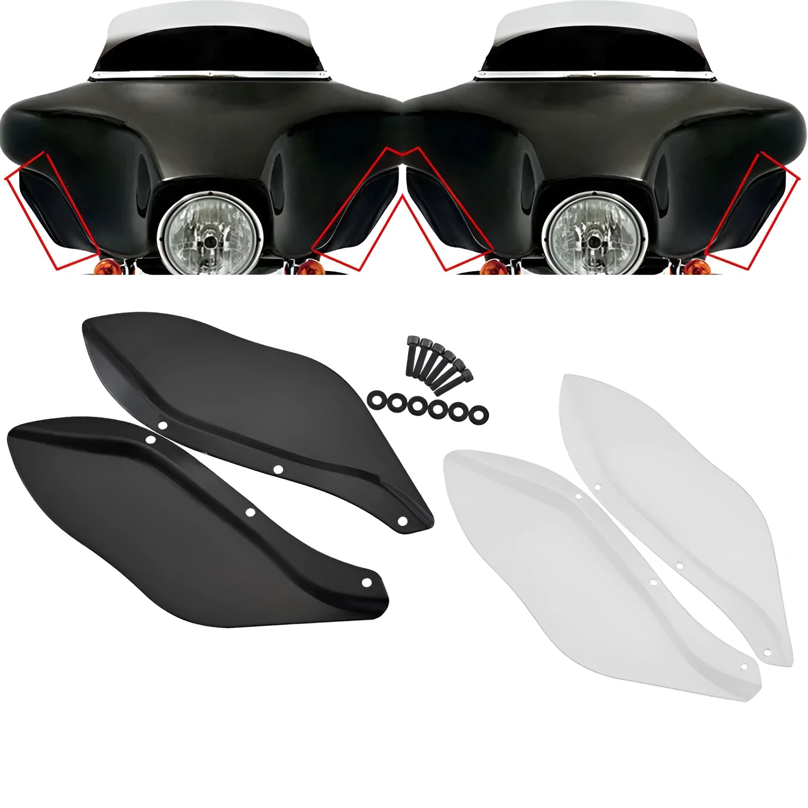 Harley Davidson motorcycle side wing head covers in black and transparent ABS plastic