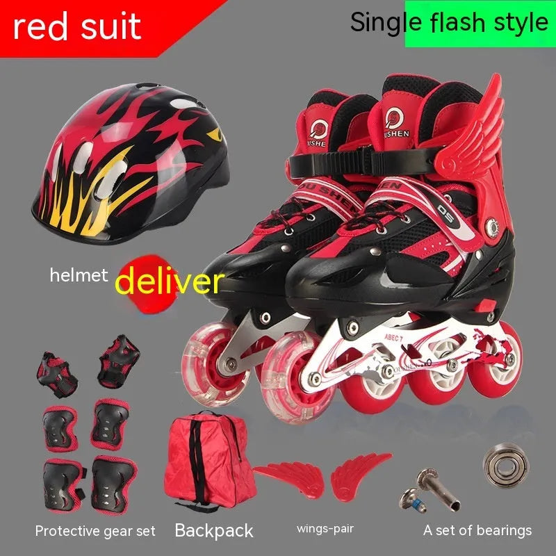 Adjustable children's roller skates in various colours with PU wheels, aluminium frame, and included protective gear set.