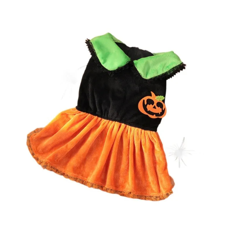 Crystal velvet pet costume with Halloween pumpkin skirt design for dogs and cats in various sizes