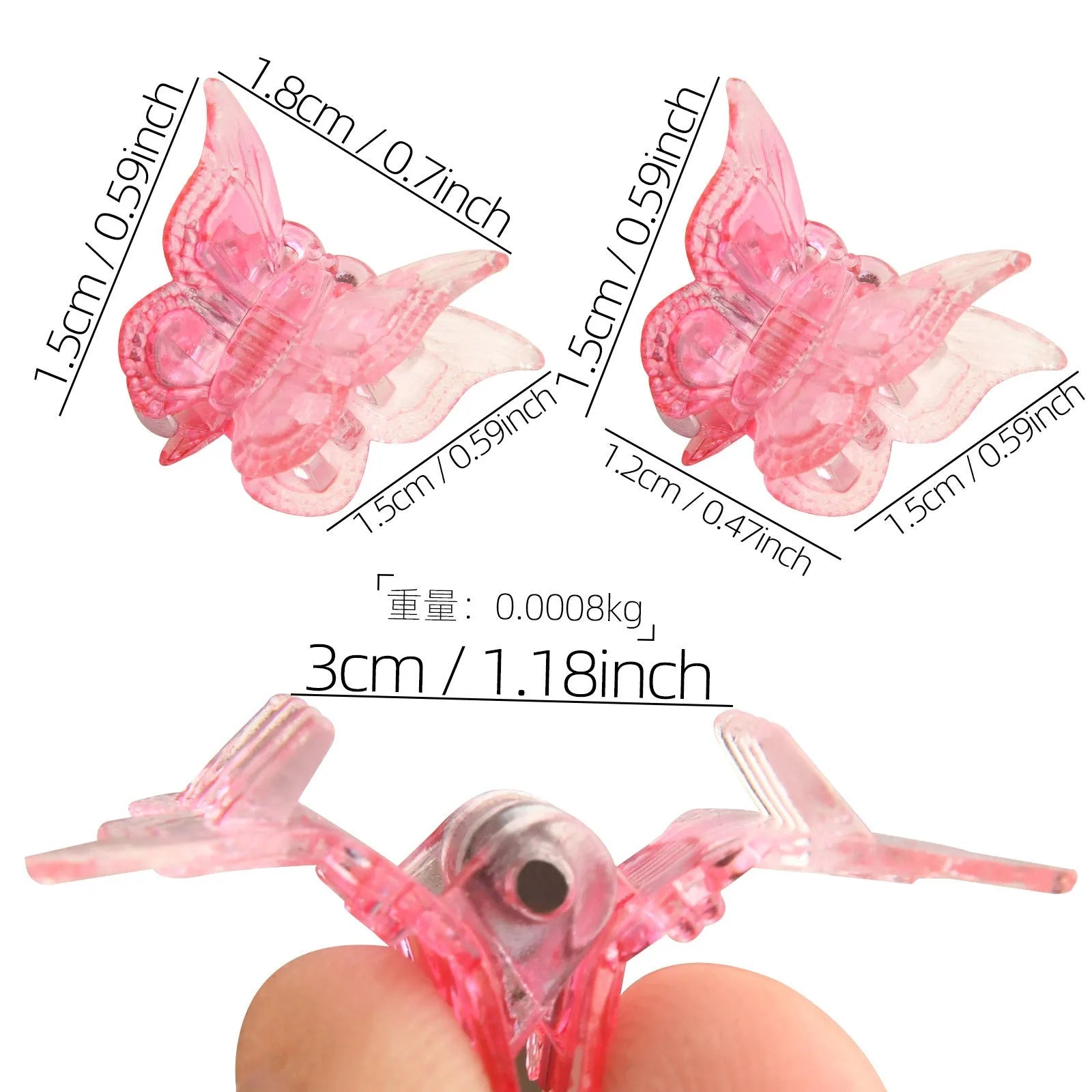 Assortment of 50 small glitter butterfly hair claw clips in multiple colours on a white background.