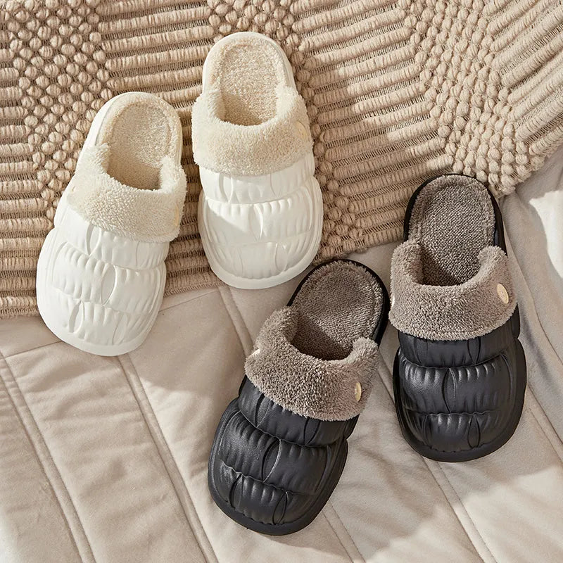 Removable fluffy slippers with EVA upper, non-slip plastic sole, and Velcro fastening in beige