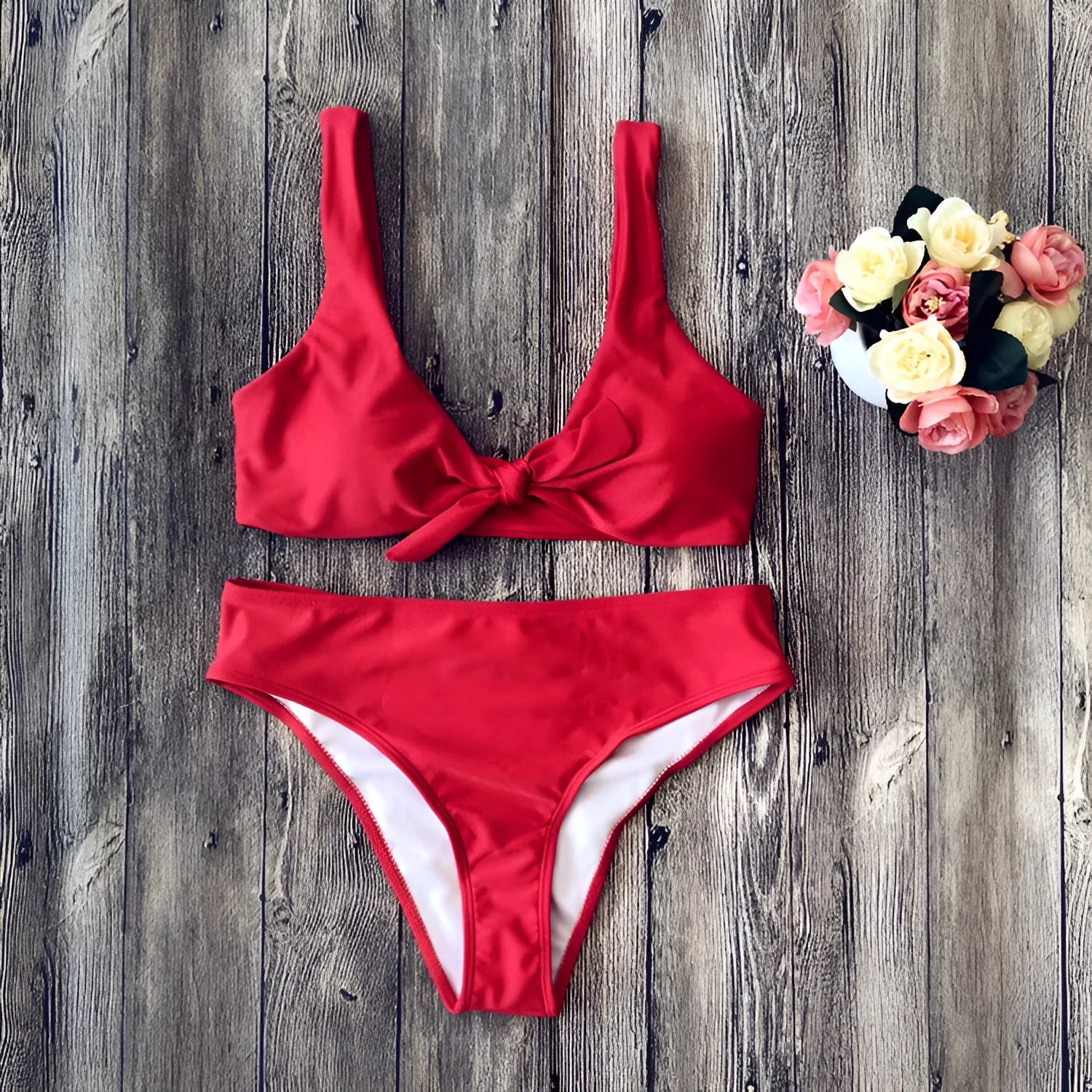 Solid colour bikini swimsuit set showing front view on mannequin