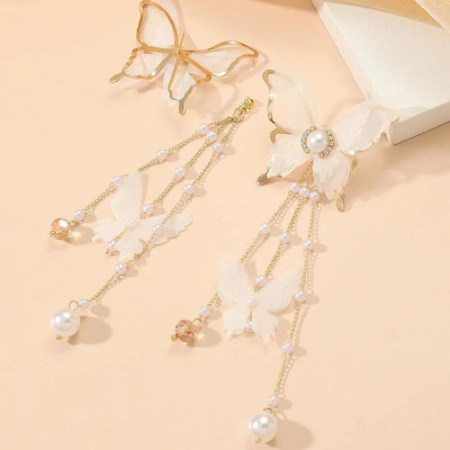 White butterfly tassel lace pearl rhinestone earrings with electroplated copper alloy construction