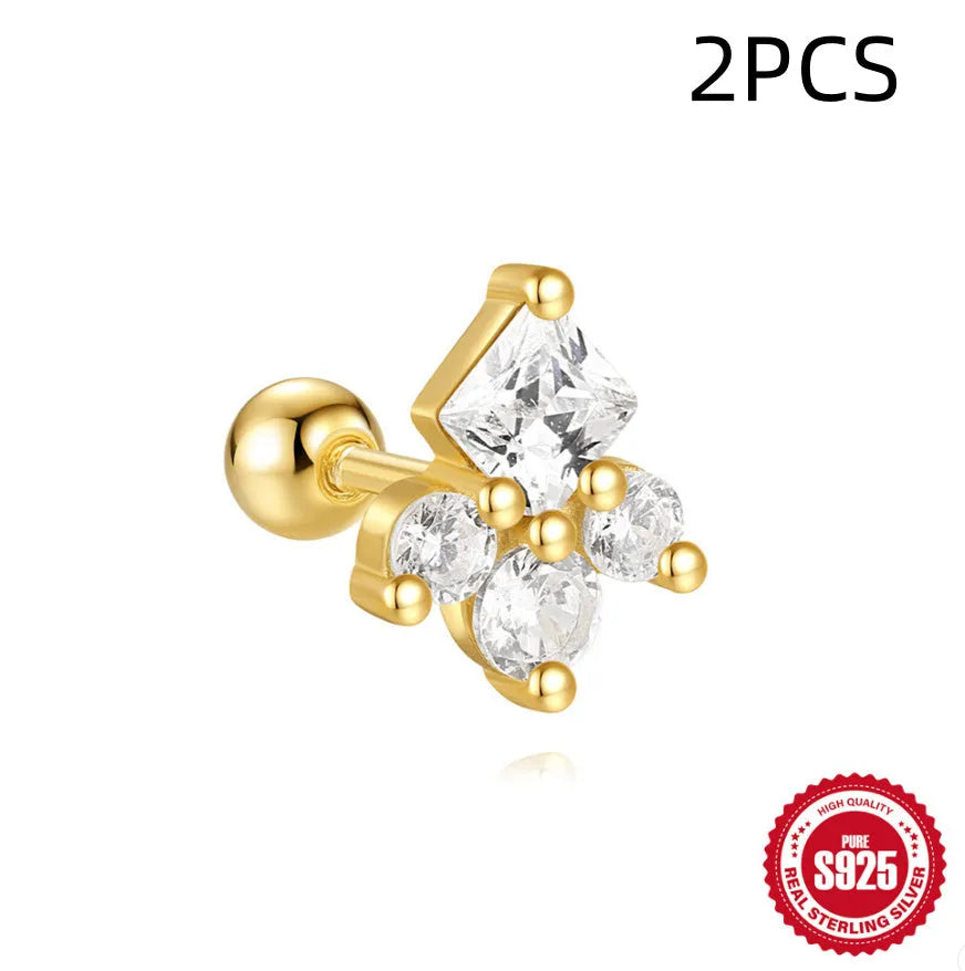 S925 sterling silver red square gravel stud earrings with floral design in gold electroplated finish