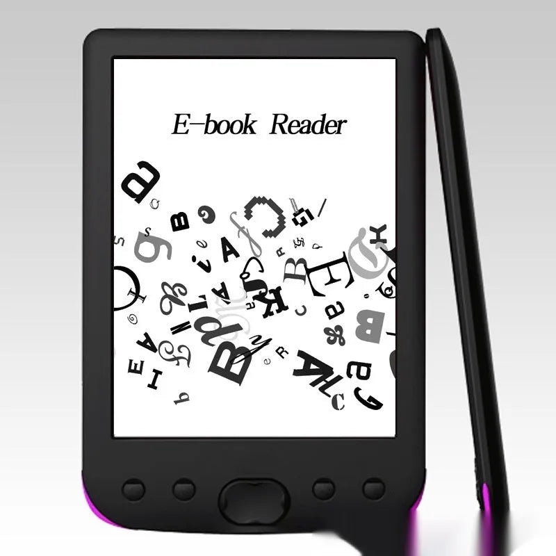Black 6-inch E-ink screen e-book reader showing its front display.