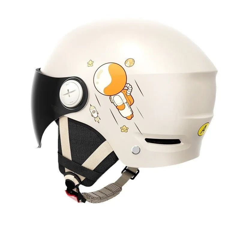 Khaki electric motorcycle helmet with removable lenses on ABS shell for adult commuting safety
