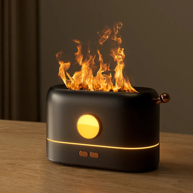 Black USB desktop humidifier with simulation flame light effect and water vapour mist.