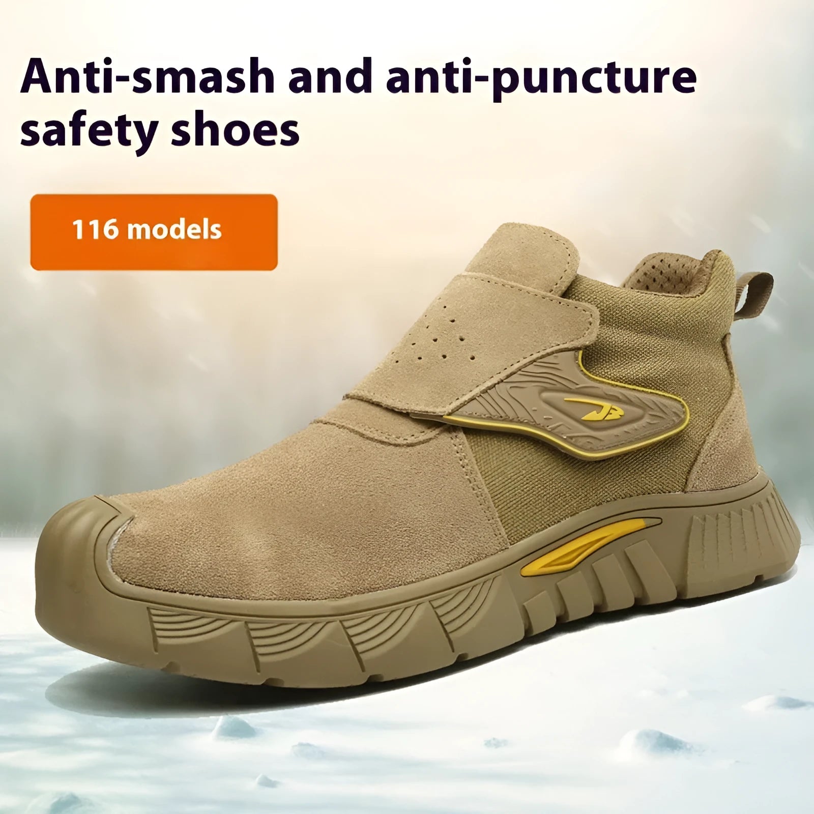 Brown leather anti-smash lightweight safety work shoes with a rubber sole on a grey background