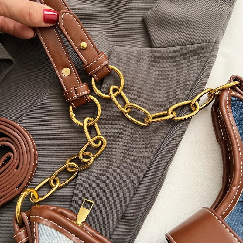 Brown denim women's shoulder bag with diamond mesh pattern and chain strap details
