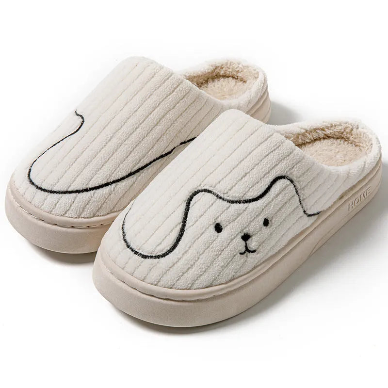 Cat print plush indoor slippers with anti-slip rubber sole in pink, green and grey for women and men