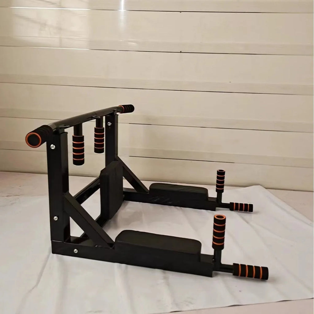Black wall-mounted steel sandbag rack with integrated parallel pull-up bars for fitness training
