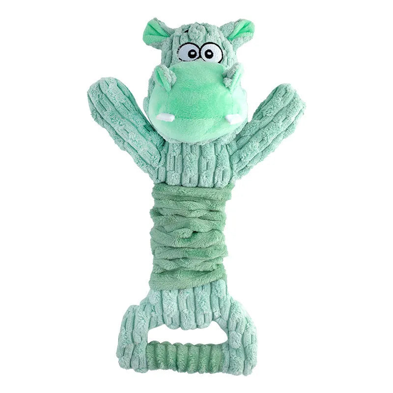 Large squeaky plush dog toy in hippo or monkey design with a handle base for tug of war games